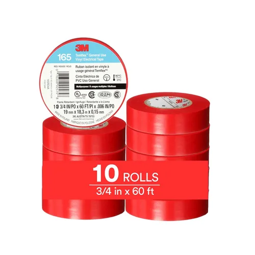 3M Temflex Cinta Eléctrica de Vinilo Multiusos 165, Roja, 3/4 pulg x 60 pies (19 mm x 18 m), Paquete de 10 Rollos Rojo
