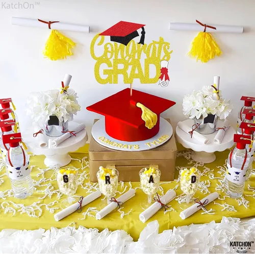 Miniatura 3 de Katchon, Decoración de pastel de graduación con purpurina, 6.5 pulgadas, decoración de pastel de felicitación dorada para decoraciones de graduación