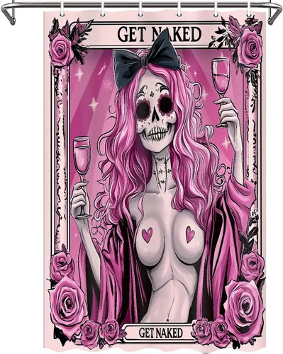 Miniatura 9 de Divertida cortina de ducha de esqueleto de calavera rosa, para Halloween, gótica, rosa, rojo, rosa, floral, vino tinto, terror, terror, cortina