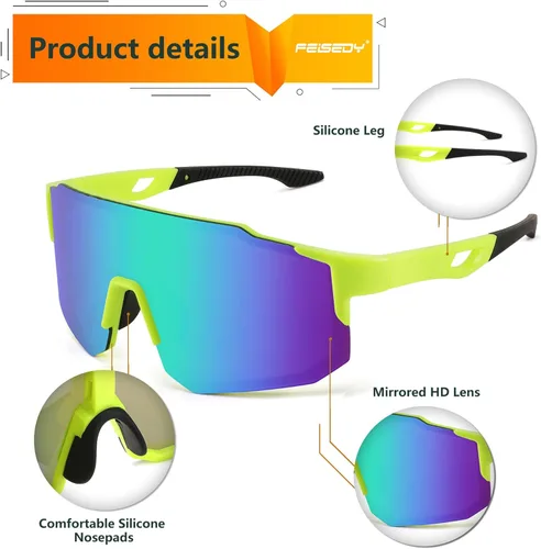 Miniatura 3 de FEISEDY Gafas de sol deportivas para hombres, mujeres y adolescentes - Béisbol, ciclismo, ciclismo UV400 protección B2388 004-fluorescence Verde