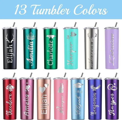 Miniatura 3 de Vaso personalizado personalizado con nombre grabado y logotipo, vasos delgados personalizados con tapa y pajita, vaso aislado de acero inoxidable