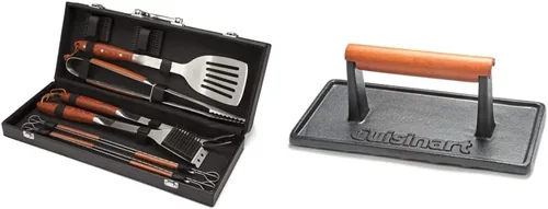 Cuisinart CGS-2010 Premium Grill Set (10 piezas) y Cuisinart CGPR-221 Prensa de parrilla de hierro fundido (mango de madera), pesa 2.1 libras
