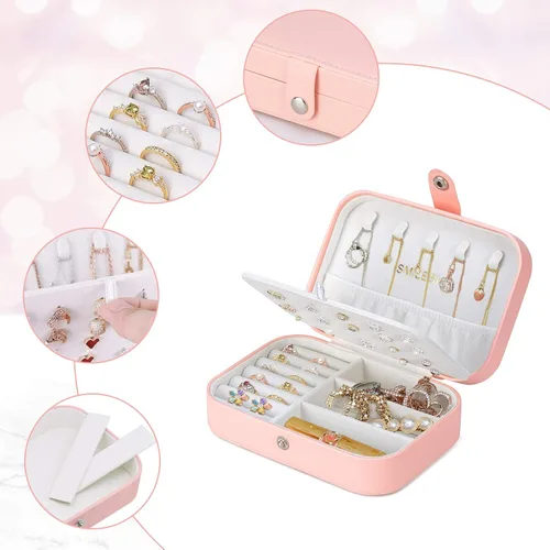 Miniatura 7 de Smileshe Joyero estuche de viaje portátil pequeño de piel sintética organizador de 2 capas caja de almacenamiento para anillos aretes collares