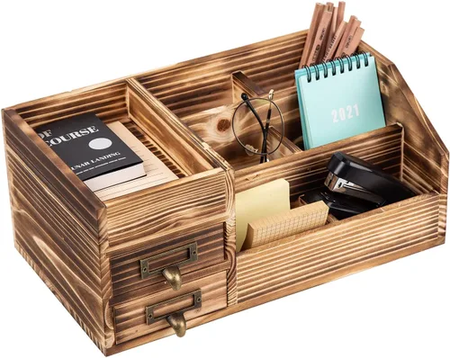Miniatura 7 de Organizador de escritorio de oficina de madera rústica envejecida, estante organizador de mesa para el hogar con múltiples compartimentos, cajones