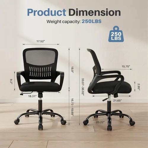 Miniatura 3 de DUMOS Silla de escritorio de oficina en casa, ergonómica con respaldo medio con soporte lumbar y modo mecedor, altura ajustable con reposabrazos