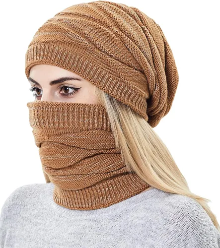 Miniatura 4 de Conjunto de gorro y bufanda para mujer para niñas, gorro de esquí de invierno de punto cálido con forro polar