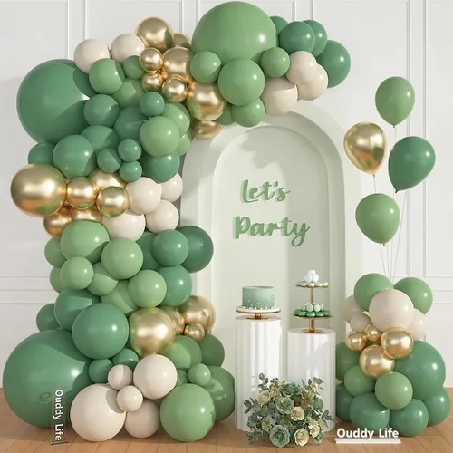 Miniatura 16 de Ouddy Life Kit de arco de guirnalda de globos de color azul polvoriento, 157 unidades, globos de confeti de color azul metálico y blanco