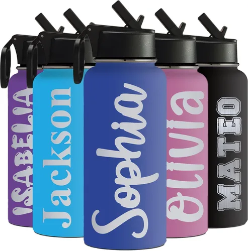 Miniatura 8 de Botellas de agua personalizadas para niños para la escuela, botella de agua deportiva aislada con nombre personalizado con pajilla, botella de agua