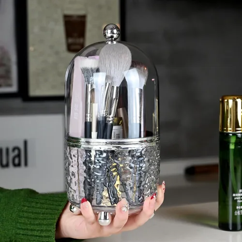 Miniatura 4 de Soporte giratorio para brochas de maquillaje con tapa de 360 grados, organizador de cosméticos para cepillos de dientes acrílico, 5 compartimentos