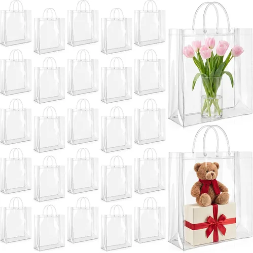 LEIFIDE 50 bolsas de regalo de plástico transparente con asas, de PVC, reutilizables, transparentes, bolsas para dulces, escuela, fiestas de