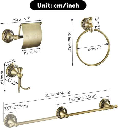 Miniatura 9 de WINCASE Accesorios de baño de latón antiguo, accesorios de baño ajustables retro, juego de barra de toalla de baño de latón de 24 pulgadas, 4 Juego