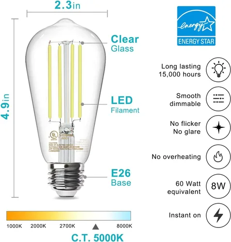 Miniatura 2 de TJOY - Paquete de 12 bombillas LED Edison, regulables, 8W equivalente a 60W, base media E26, luz diurna, 5000K, ST58, 800 lm, ultrabrillante, Luz
