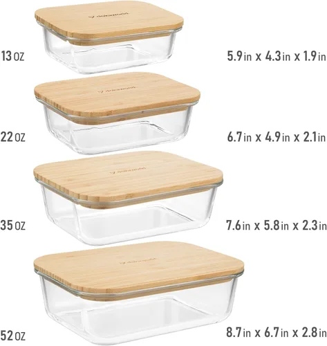 Miniatura 2 de Juego de 4 recipientes de vidrio apilables que ahorran espacio con tapas herméticas de bambú, para almuerzo, comidas y preparación de alimentos