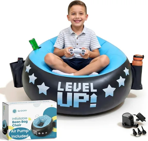 Silla de Gaming Inflable para Niños – Soporta Hasta 300 libras, Incluye Bomba de Aire, Portavasos, 2 Bolsillos – Asiento de Puf de Gaming Duradero,