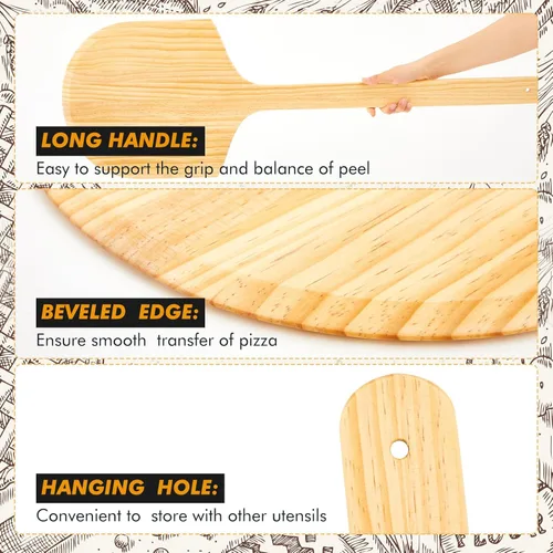 Miniatura 3 de Paquete de 2 cáscaras de madera para pizza, plato de 14 pulgadas de largo x 12 pulgadas de ancho, con mango de madera de 22 litros, 36 de longitud