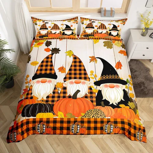Miniatura 9 de Manfei Juego de funda de edredón de calabazas de otoño, tamaño individual, juego de ropa de cama floral de hojas verdes, 2 piezas para decoración