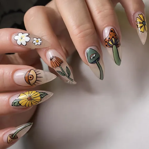 Miniatura 7 de Uñas postizas a presión de color rojo vino brillante, uñas postizas largas de almendra, uñas postizas onduladas doradas irregulares con pegamento