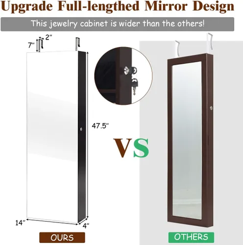 Miniatura 86 de Giantex Armario de joyería para puerta de pared con espejo de longitud completa, 2 LED con cerradura grande organizador de joyas con espejo ancho