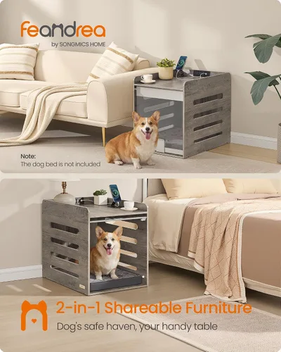 Miniatura 2 de Feandrea Mueble moderno para perros con estación de carga, pequeña perrera interior con puerta acrílica oculta abatible, para perros pequeños