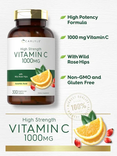 Miniatura 3 de Carlyle Vitamina C 1000mg 300 Cápsulas vegetales vegetarianas Ácido ascórbico con escaramujos silvestres Fórmula de alta potencia Suplemento
