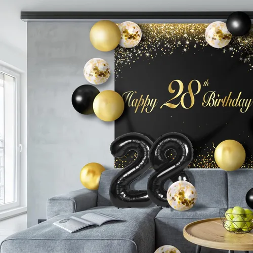 Miniatura 5 de Globos de Feliz 28º Cumpleaños Conjunto Negro Decoración - Brindis por los 28 Años Guirnalda Temática de Fiesta Banner Telón de Fondo Decoraciones