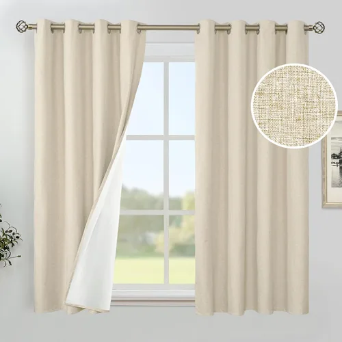 Miniatura 12 de YoungsTex - Cortinas de lino beige 100% opacas para dormitorio de 63 pulgadas de largo, cortinas cortas con aislamiento térmico y ojales