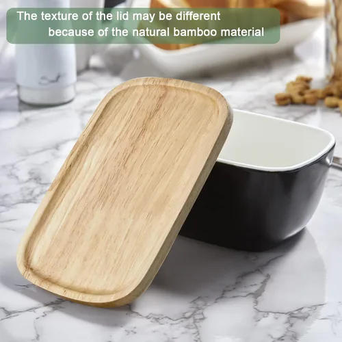Miniatura 6 de ALELION Recipiente de mantequilla de cerámica con tapa de madera hermética, recipiente para mantequilla negra para encimera, con capacidad