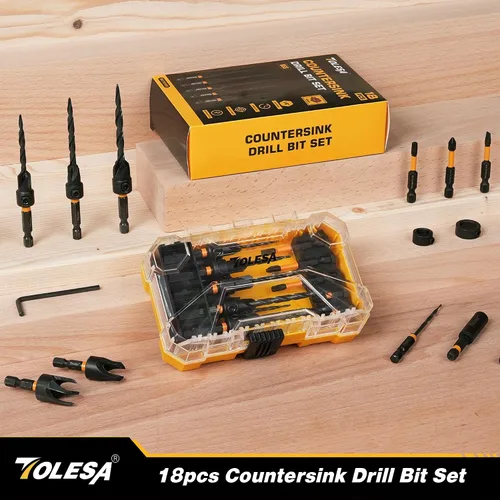 Miniatura 7 de TOLESA Juego de brocas avellanadas, 18 brocas cónicas para fregadero de madera con 2 cortadores de enchufe de madera, soporte magnético para puntas