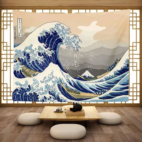CORFOTO Tapiz retro de 60 x 40 pulgadas, prefectura japonesa de Kanagawa, tapiz de ondas japonesas antiguas, tapices de estilo japonés para