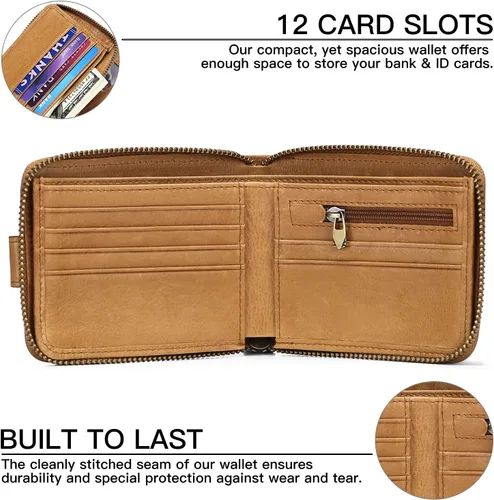 Miniatura 21 de GOIACII Cartera con cremallera para hombre, de piel auténtica, con bloqueo RFID, con cremallera, bolsillo para monedas, para identificación, con Café