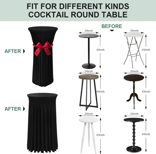 Miniatura 3 de BDDC Fundas para mesa de cóctel, paquete de 2 manteles de 24 x 43 pulgadas, color negro, con falda redonda ondulada natural para bar, boda, fiesta