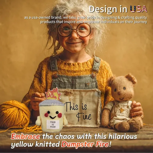 Miniatura 4 de Cute This is Fine Positive Crochet – Contenedor de apoyo emocional juguete de felpa de fuego – Accesorios de escritorio divertidos de oficina
