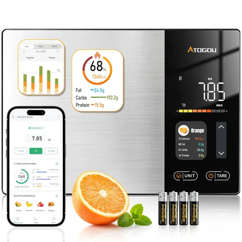 Atogou Báscula inteligente de cocina con calculadora de nutrición, pantalla a color y aplicación gratuita, control preciso de porciones, seguimiento