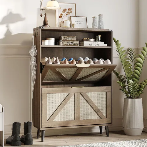 Miniatura 14 de Halitaa - Gabinete para zapatos con 2 cajones abatibles y almacenamiento abierto, gabinete de almacenamiento de zapatos estilo granja para entrada