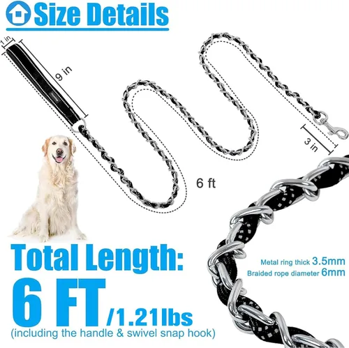 Miniatura 2 de HOMIMP Correa de perro a prueba de mordidas para perros medianos y grandes, correa reflectante de cadena de metal resistente de 6 pies con mango
