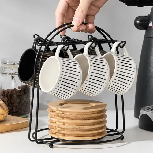 Miniatura 7 de LUKA - Tazas de café de cerámica con platillos y soporte de metal, 4 onzas, tazas de porcelana demitasse para espresso, latte, café, café moca, té