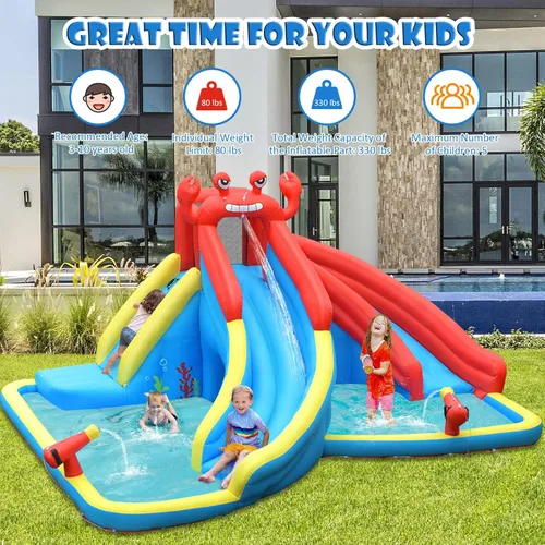 Miniatura 7 de BOUNTECH - Tobogán acuático inflable, parque acuático 7 en 1 para niños y adultos, diversión al aire libre con doble tobogán largo, soplador de 950
