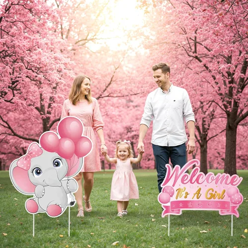 Miniatura 6 de 2 piezas de señal de jardín para baby shower con estaca, señal de revelación de género rosa, elefante, decoración de césped, bienvenida, es una