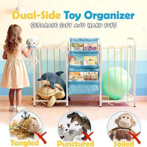 Miniatura 4 de Almacenamiento de juguetes de doble cara para niños y estantería de 3 niveles - Organizador Montessori para niños pequeños con cubos de juguetes