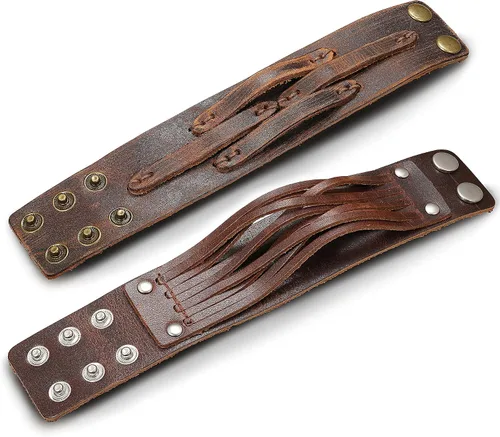 Miniatura 6 de THUNARAZ 2PCS Leather Cuff Bracelet Wrap Wristband Button Bangle for Men Women Adjustable Wide Brown Belt Punk Bracelet