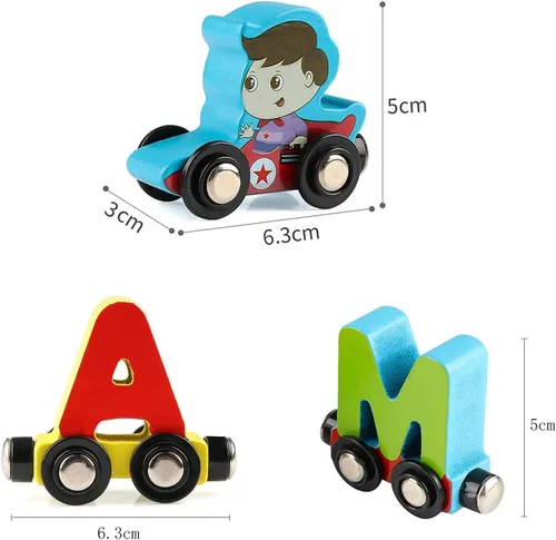 Miniatura 7 de Wondertoys - Tren de juguete de madera del alfabeto con 27 piezas, juego de tren magnético de madera del alfabeto ABC