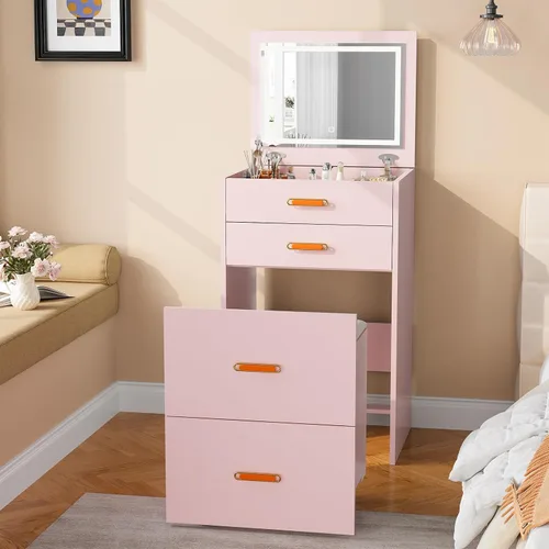 Miniatura 8 de Pequeño escritorio de maquillaje con espejo y luces, juego de tocador compacto 3 en 1, mesita de noche, tocador con silla enrollable ajustable