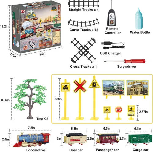 Miniatura 6 de JQ JUQU Juego de tren de control remoto para niños de 3 a 8 años, tren de juguete eléctrico con vapor, luces y sonidos, incluye 17 pistas y batería