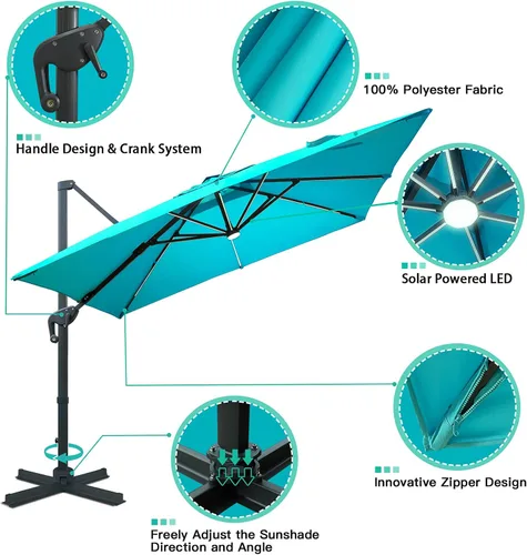Miniatura 3 de Sunnyglade Sombrilla de patio voladiza LED de 10 x 10 pies con energía solar, sombrilla cuadrada de lujo con rotación de 360° y sistema de Azul