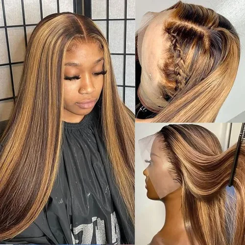 Miniatura 7 de Ladoux Pelucas de cabello humano lacio con reflejos degradados de 13 x 6 pulgadas, encaje frontal transparente HD, 14 pulgadas, densidad del 180%