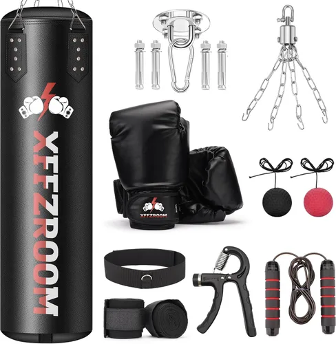 Punching Bag for Adults, 4ft PU Leather 6 in 1 Heavy Boxing Bag Set, Punching Bag with 12oz Boxing Gloves, Hand Wraps, Hanging Bag for MMA Karate