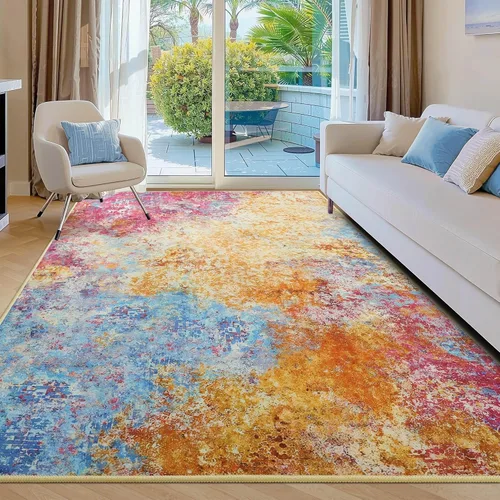 Miniatura 33 de Kelarea Alfombra lavable para sala de estar, 5 x 7 antideslizante, alfombras modernas abstractas color beige, alfombra de pelo bajo fácil