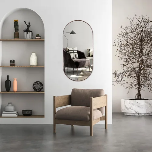 Miniatura 5 de Camden Reed Espejo de pared de metal en forma de píldora de 19.5 x 39.5 pulgadas, espejo de baño, espejo de dormitorio, espejo para tocador, nogal