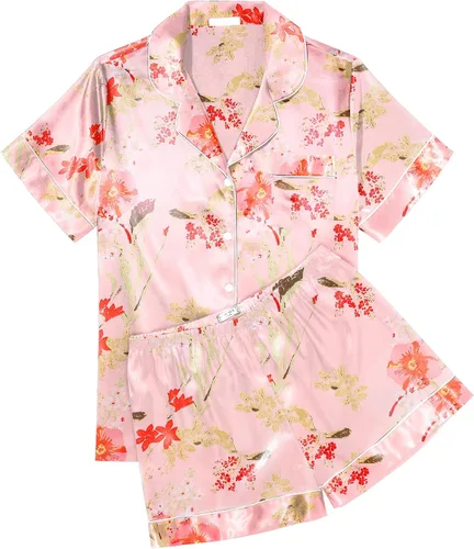 Miniatura 31 de Ekouaer Conjunto de pijama de satén de seda para mujer, suave, de manga corta, con botones, ropa para dormir, camiseta y pantalones cortos, juego