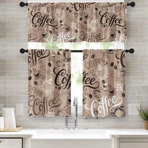 Miniatura 8 de Cortinas de Ventana de Cocina con Temática de Café, Juego de Cenefa y Niveles, Cortina Corta Marrón Estilo Granja con Bolsillo para Varilla